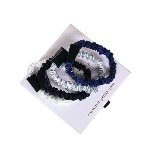 Berrysilks Set of 4 Scrunchies (Skinny) - White, Navy Blue, Black and Silver